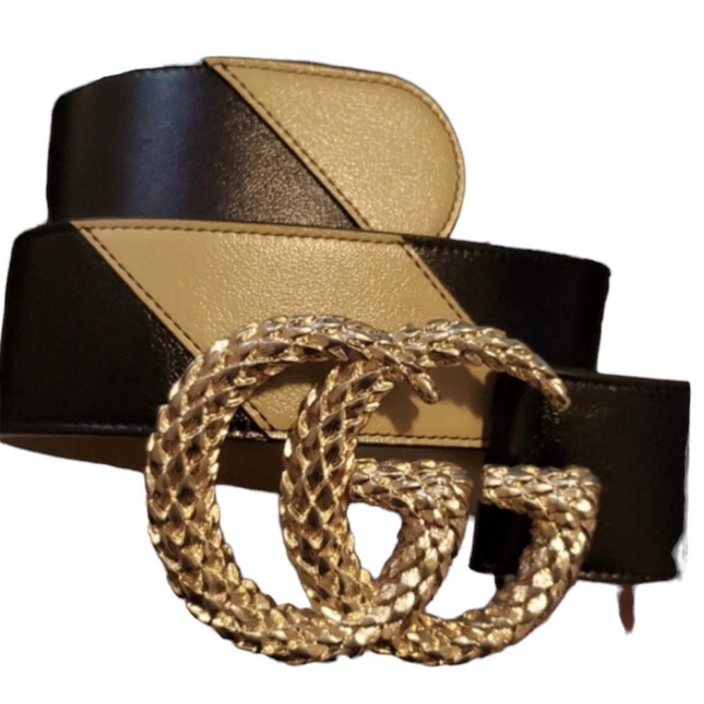 Gucci Women's Diagonal Beige/Black Gold GG Belt Size 85 cm (US 34) - NWT